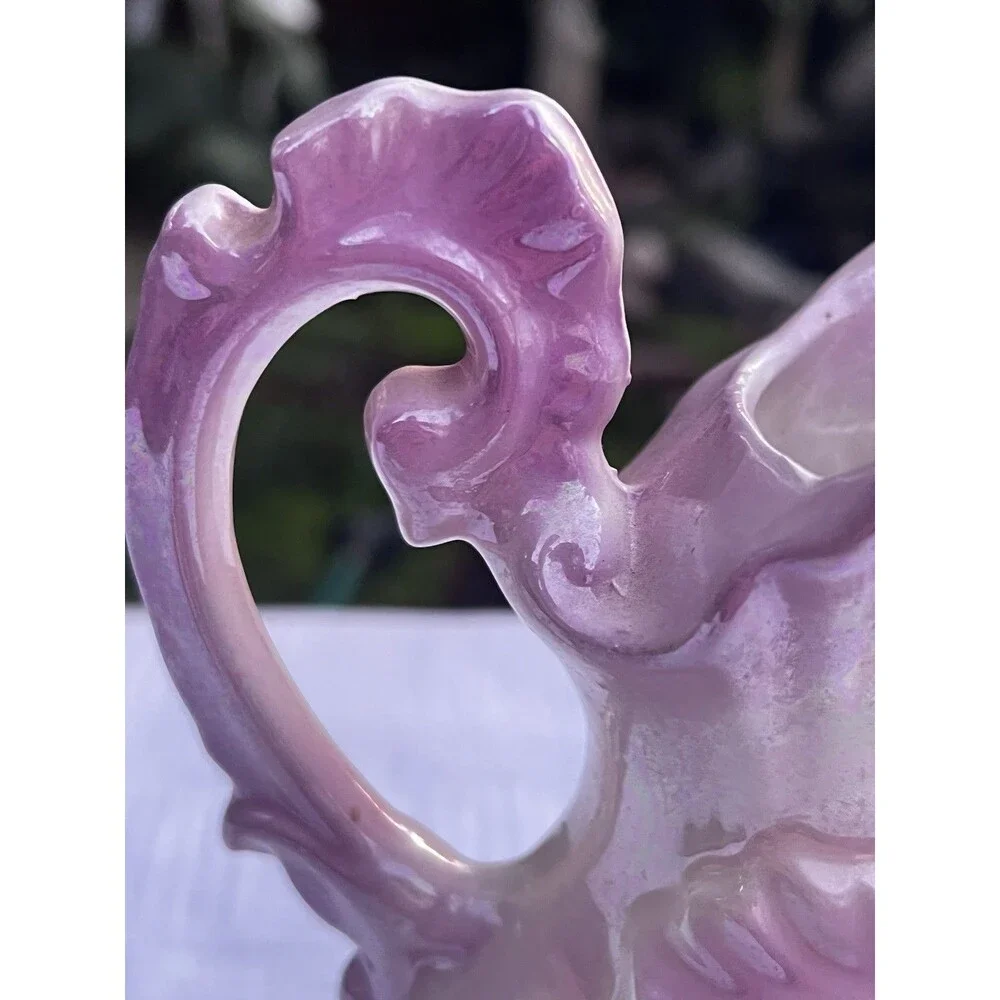 Vintage Pink Purple Ombre Iridescent Lusterware Floral Ewer Pitcher Vase 9”